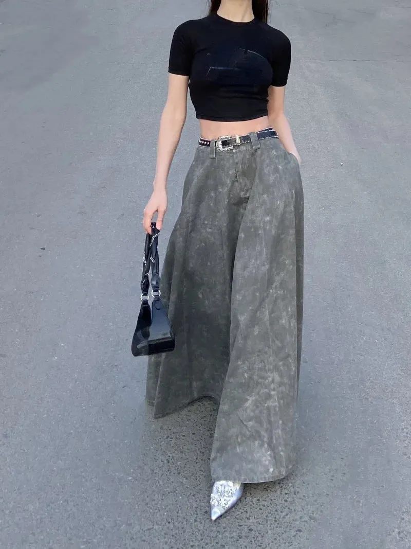 Girlary American Retro High Waist A-line Long Skirt for Women Summer New Tie-dye Long Faldas Simple Loose Casual Y2k Skirt Women