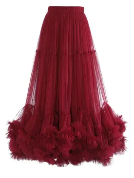 Girlary Fashion Spring Autumn High Elastic Waist Red Mech Ruffles A-line Midi Long Skirts Ball Gown Elegant Midi Half-body Skirt Women