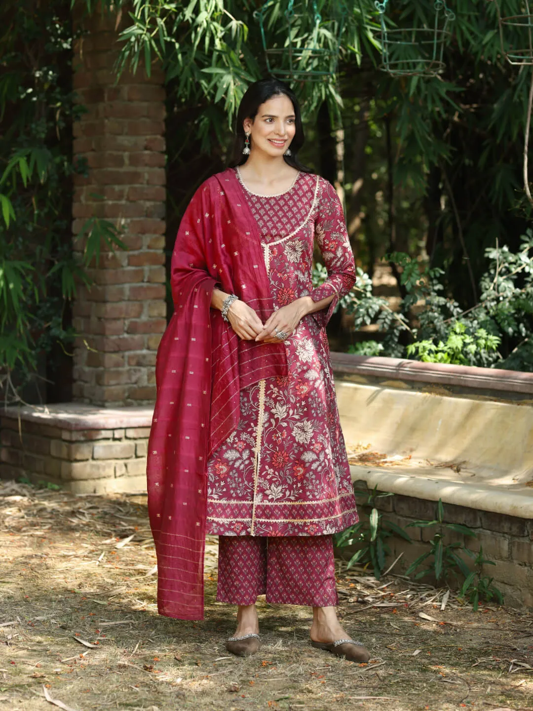 GUL - FLORAL PRINT PURE COTTON A-LINE KURTA SET WITH MULMUL DUPATTA AND INTRICATE EMBROIDERY WORK