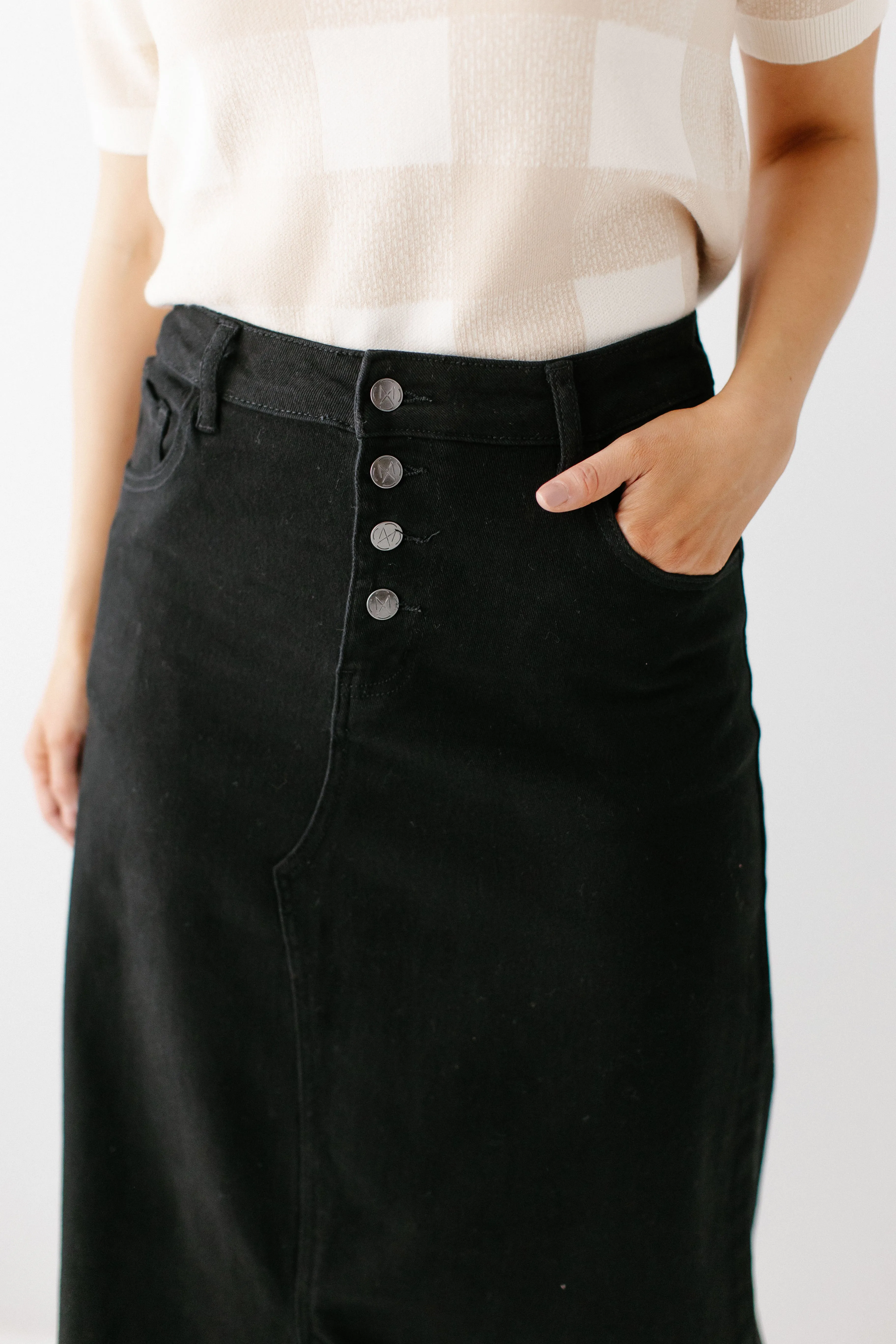 'Haven' Long Knit Denim Skirt in Black