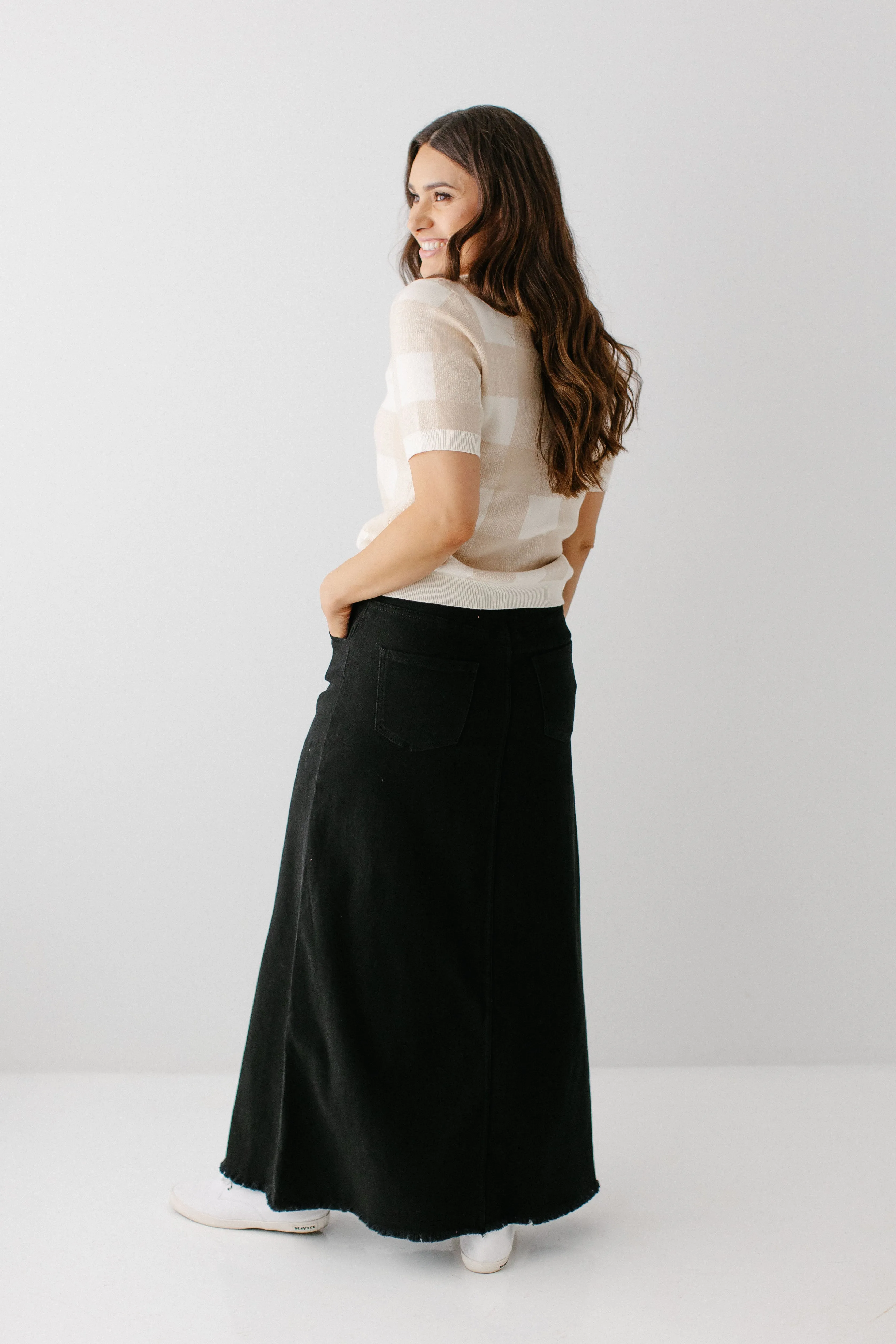 'Haven' Long Knit Denim Skirt in Black