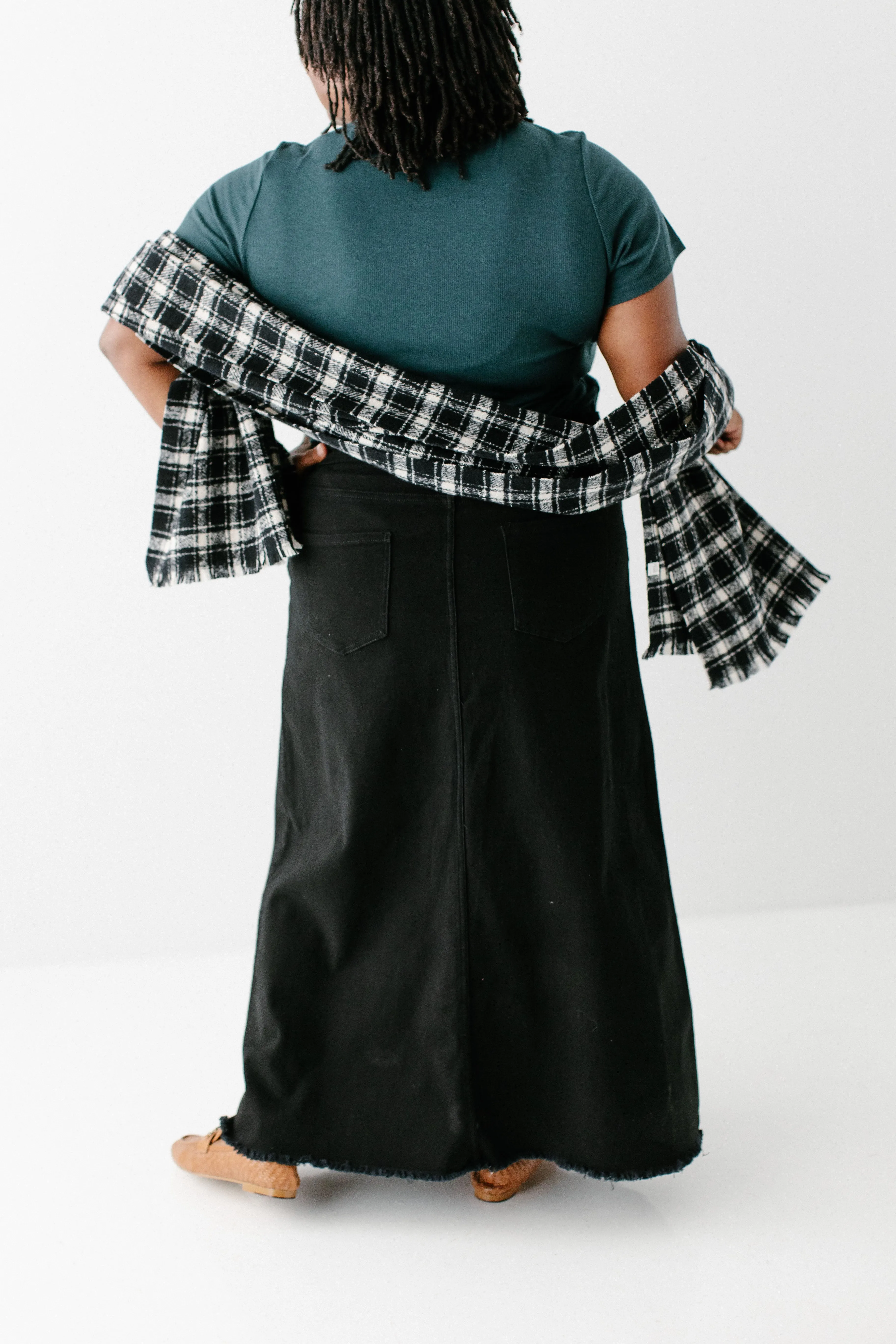 'Haven' Long Knit Denim Skirt in Black