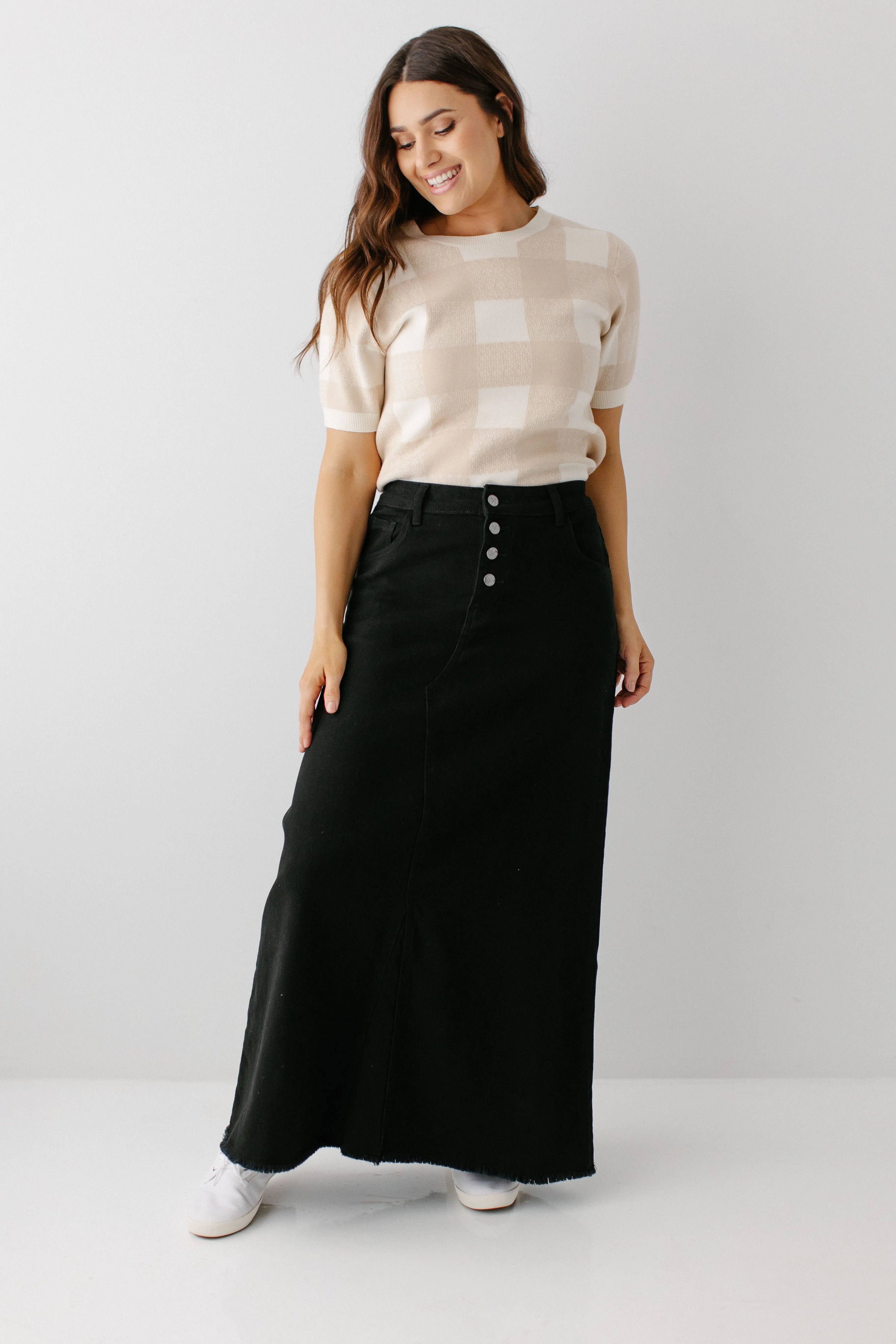 'Haven' Long Knit Denim Skirt in Black