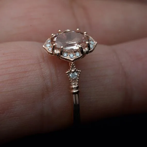 Haydee oval halo with Pink Morganite engagement ring Vintage Inspired