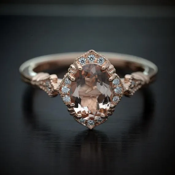 Haydee oval halo with Pink Morganite engagement ring Vintage Inspired