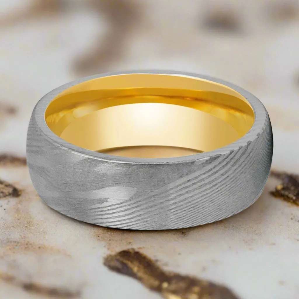 HELIOS | Damascus Steel Ring, Yellow Tungsten, Domed