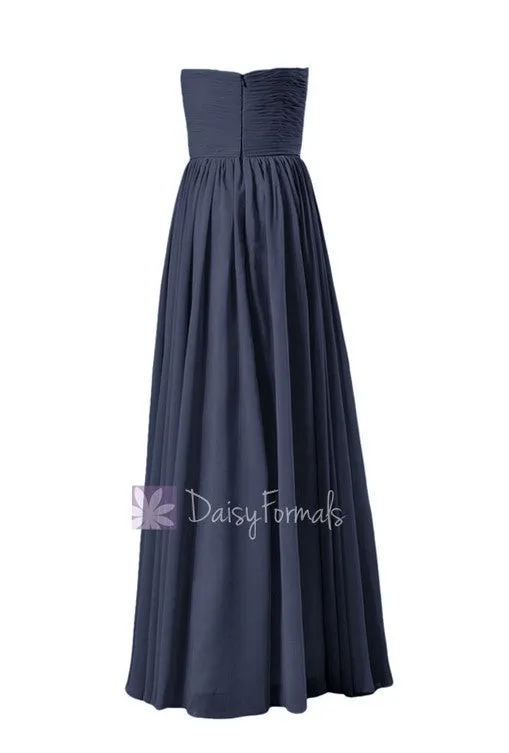 In stock,Ready to Ship - Long Navy Blue Chiffon Bridesmaid Dress W/Inserted V-Neckline(BM10823L) - (#35 Navy, Sz12)