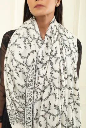 Intekhaab Ivory With Black Embroidery Jaali Pashmina Shawl