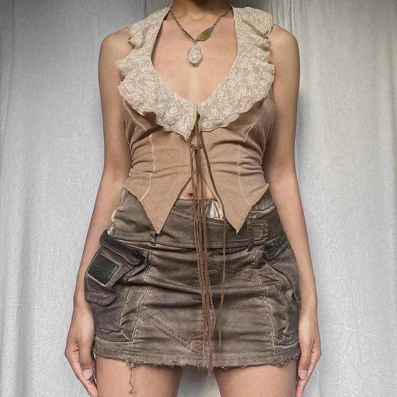 Lace Collar Tie-Front Corset Vest