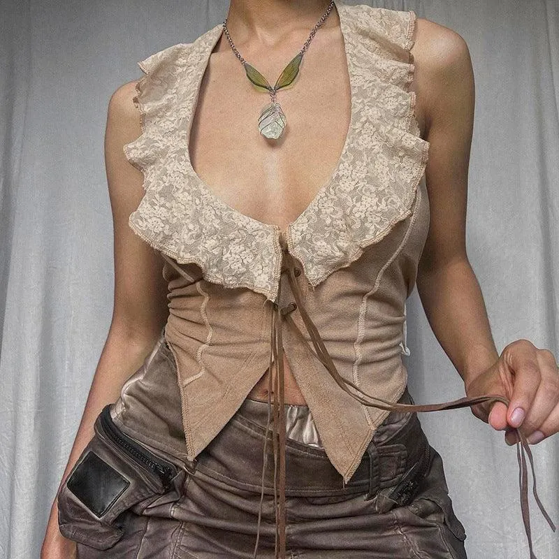 Lace Collar Tie-Front Corset Vest