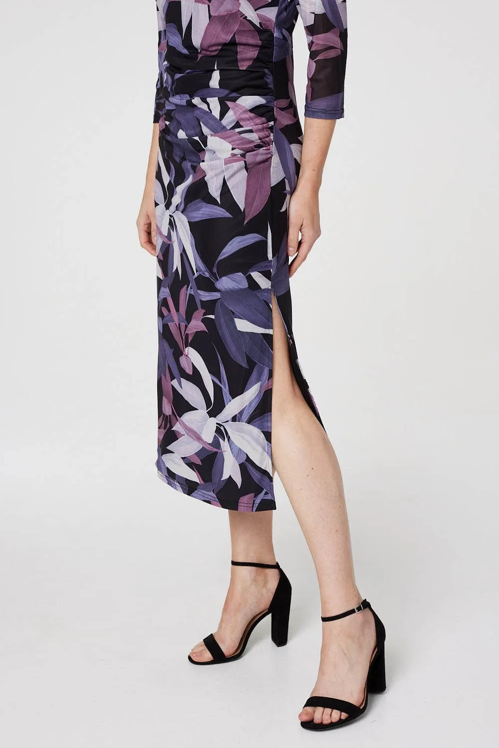 Leaf Print Fitted Midi Dress