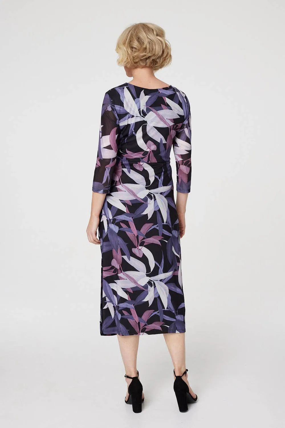 Leaf Print Fitted Midi Dress