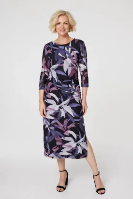 Leaf Print Fitted Midi Dress