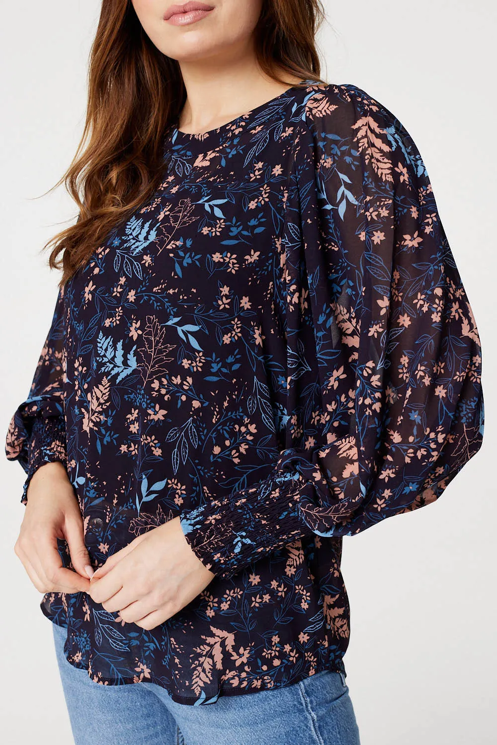 Leaf Print Semi Sheer Blouse