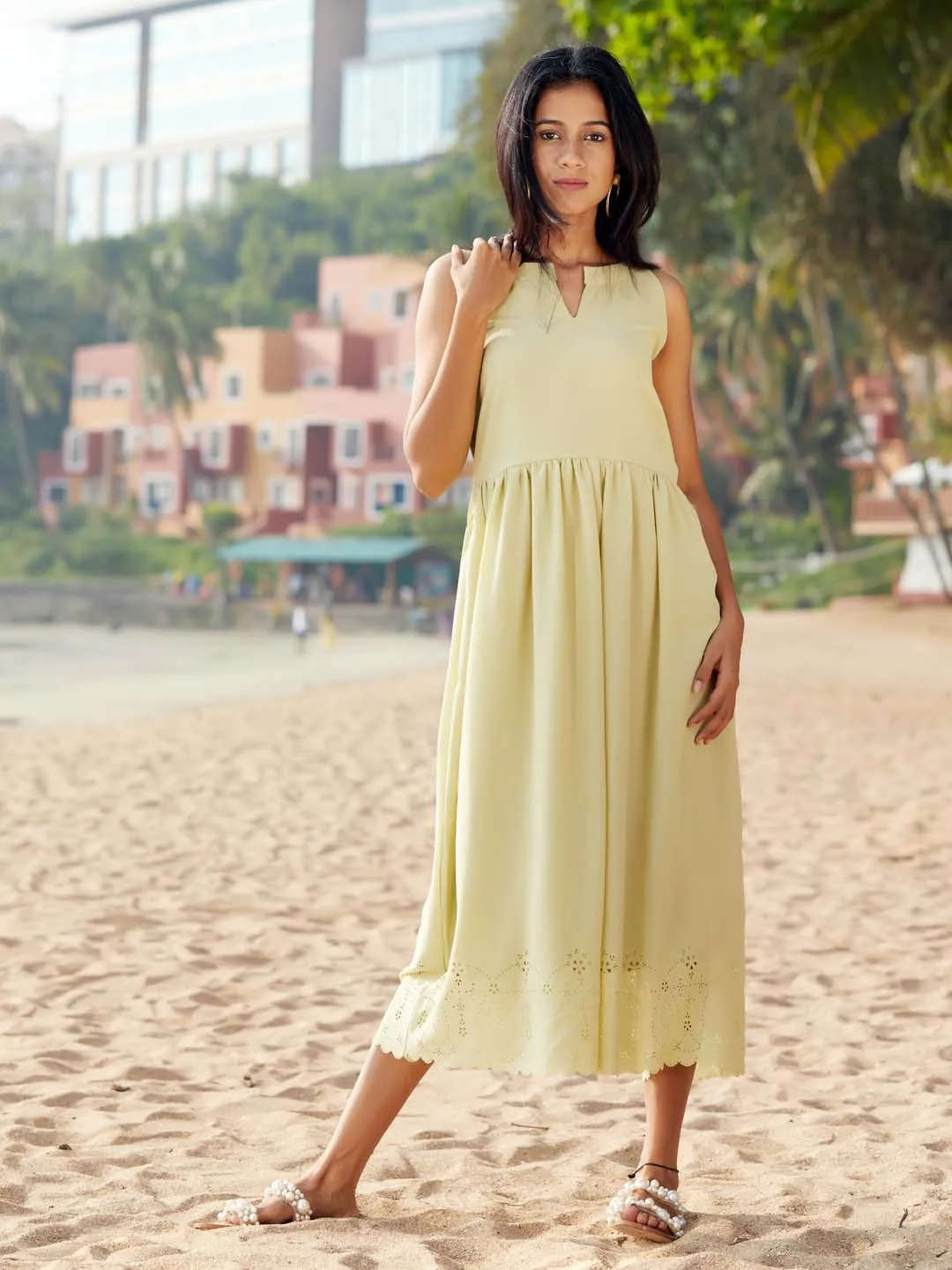 Light Green Cut Work Bubble Georgette Flared Midi Dress