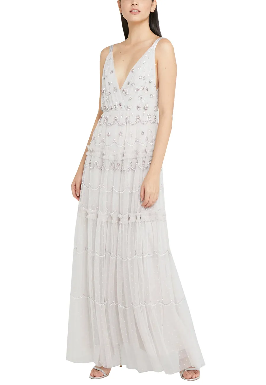 Light Grey Neve Embellished Plunging Sequins Gown