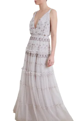 Light Grey Neve Embellished Plunging Sequins Gown