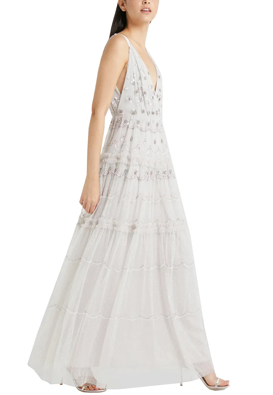 Light Grey Neve Embellished Plunging Sequins Gown