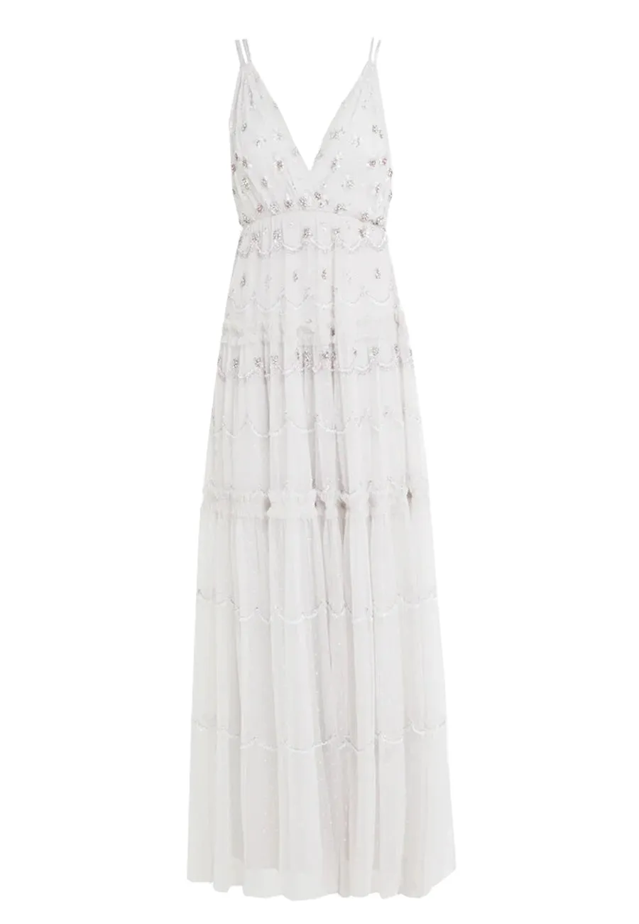 Light Grey Neve Embellished Plunging Sequins Gown