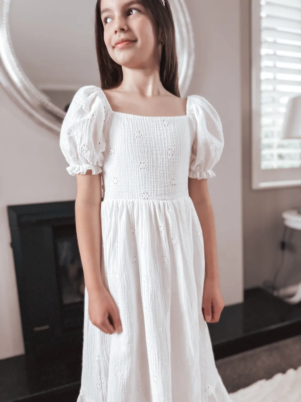 Lily White Puff Sleeve Girls Dress