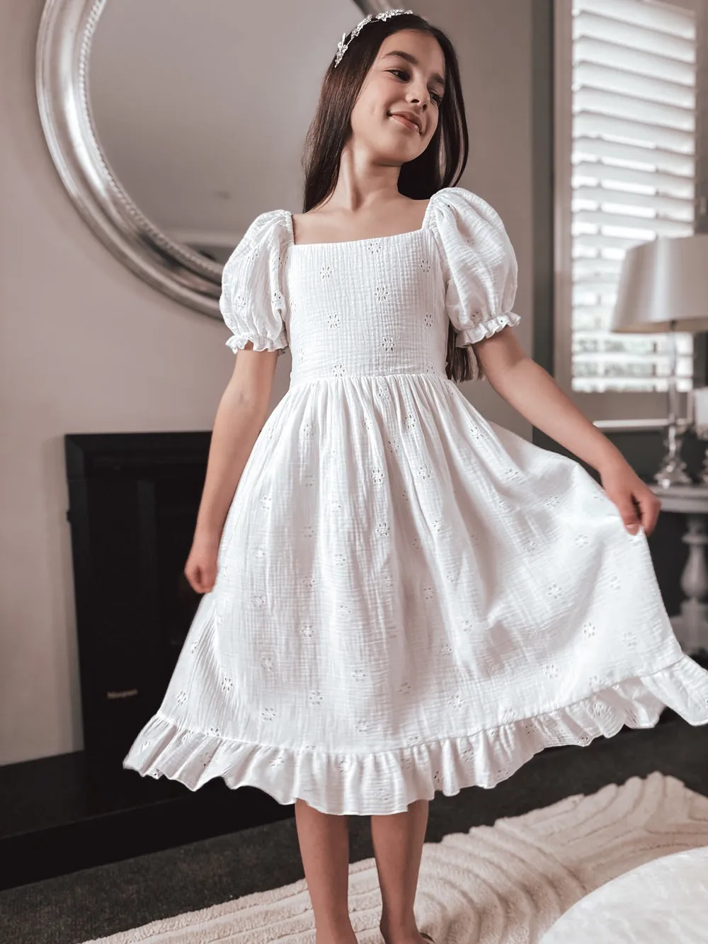 Lily White Puff Sleeve Girls Dress