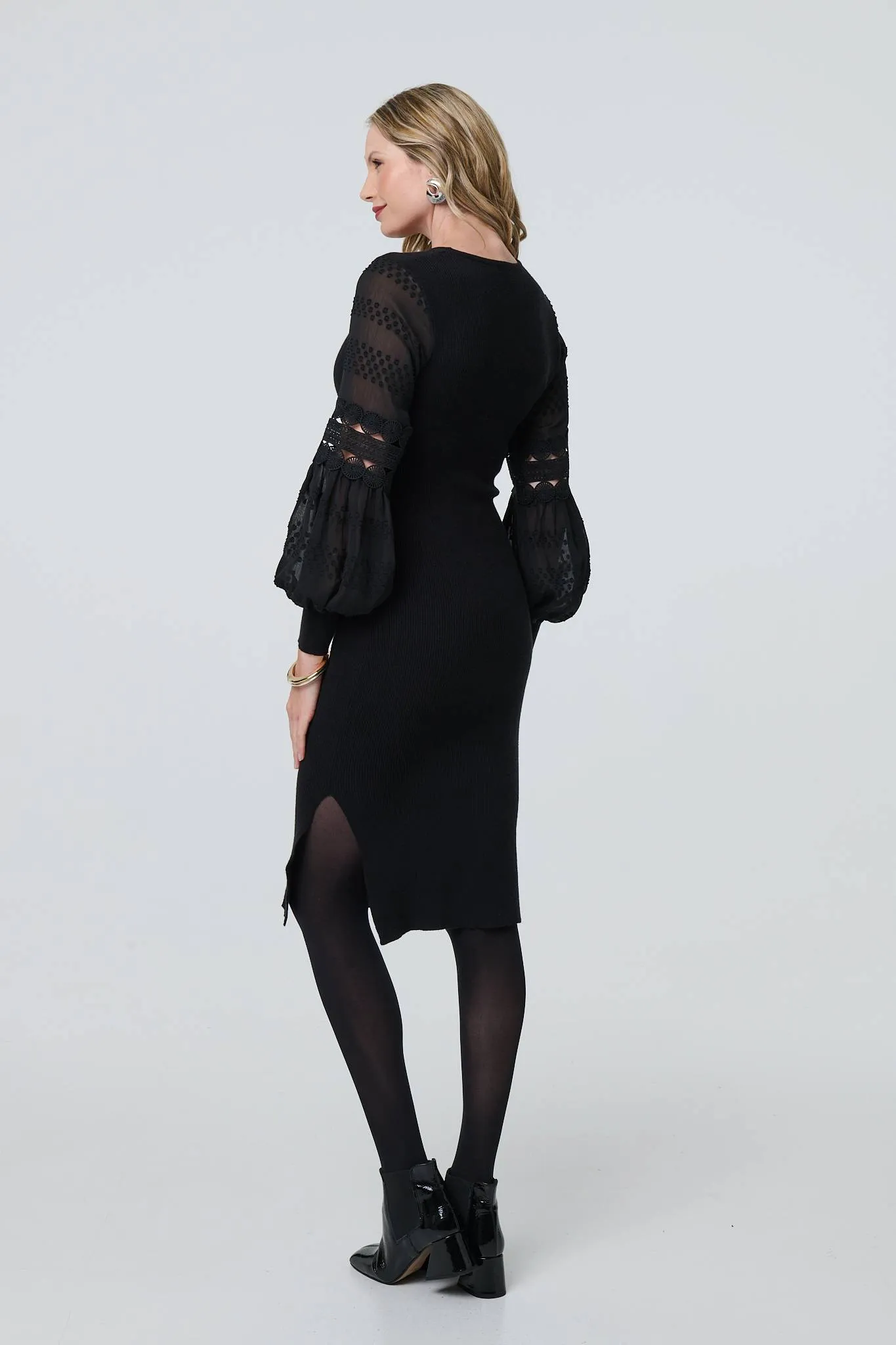 Long Sheer Sleeve Bodycon Knit Dress