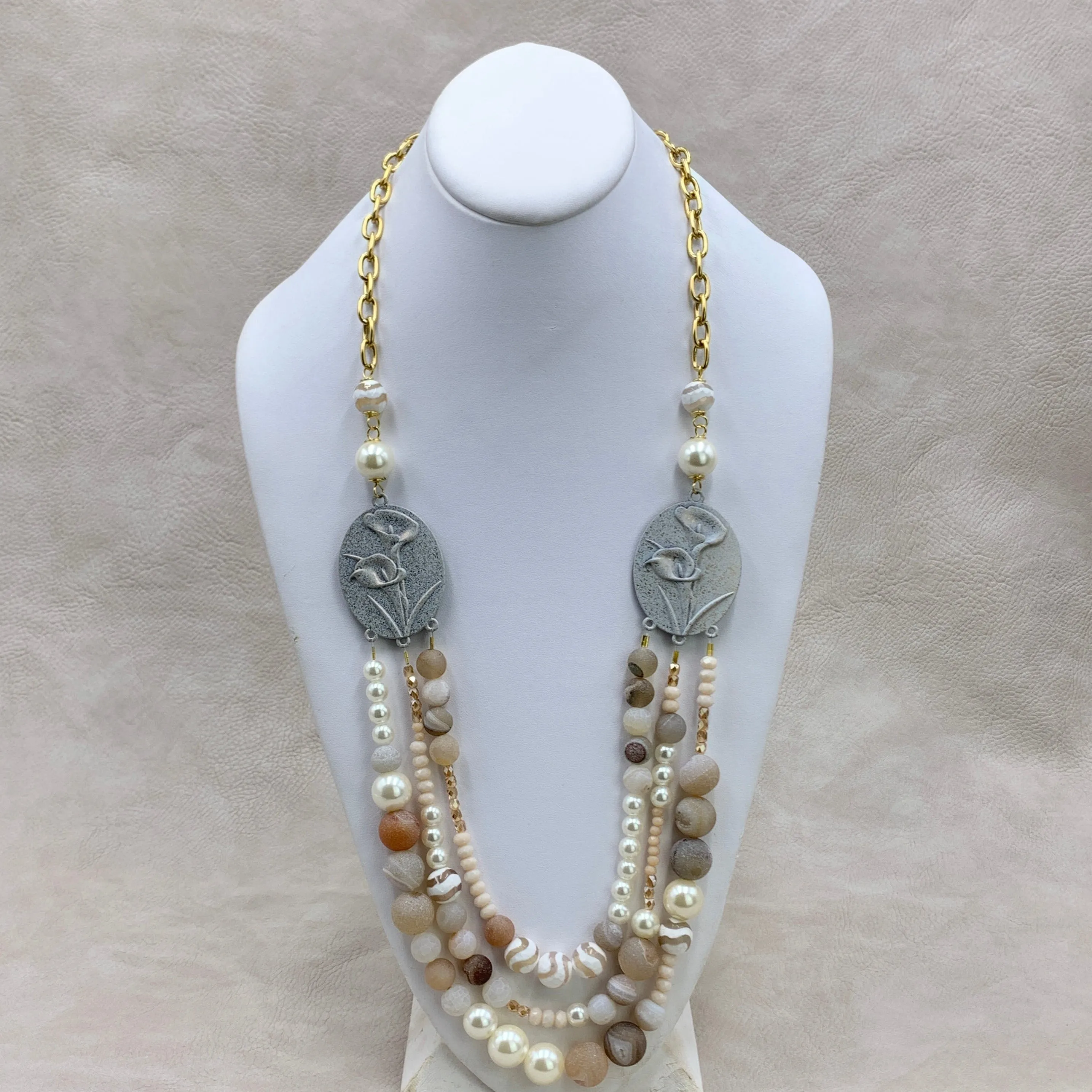 Magnolia Collection Calla Lily Pearl and Agate Bib Necklace