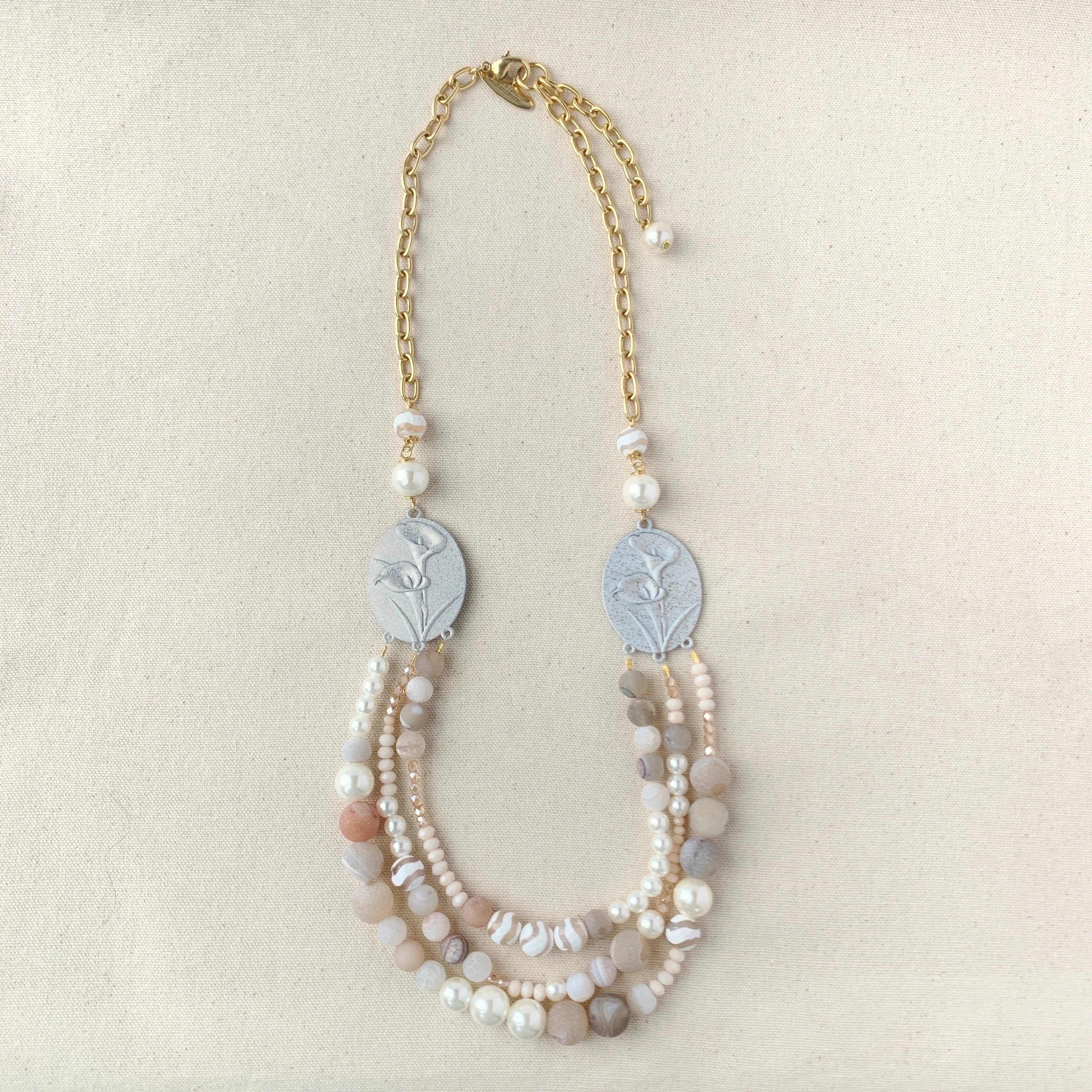 Magnolia Collection Calla Lily Pearl and Agate Bib Necklace