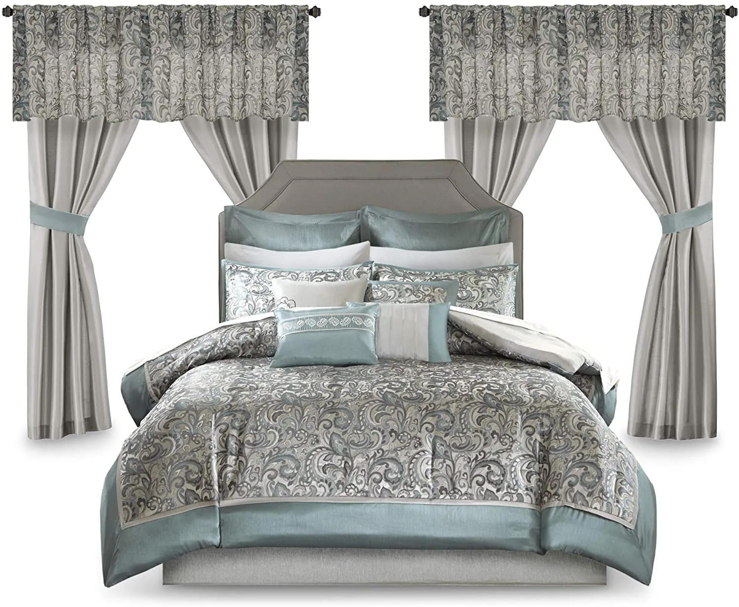 Master Bedroom 24 Piece Room in a Bag Faux Silk Comforter Jacquard Paisley Design Matching Curtains - Down Alternative Hypoallergenic