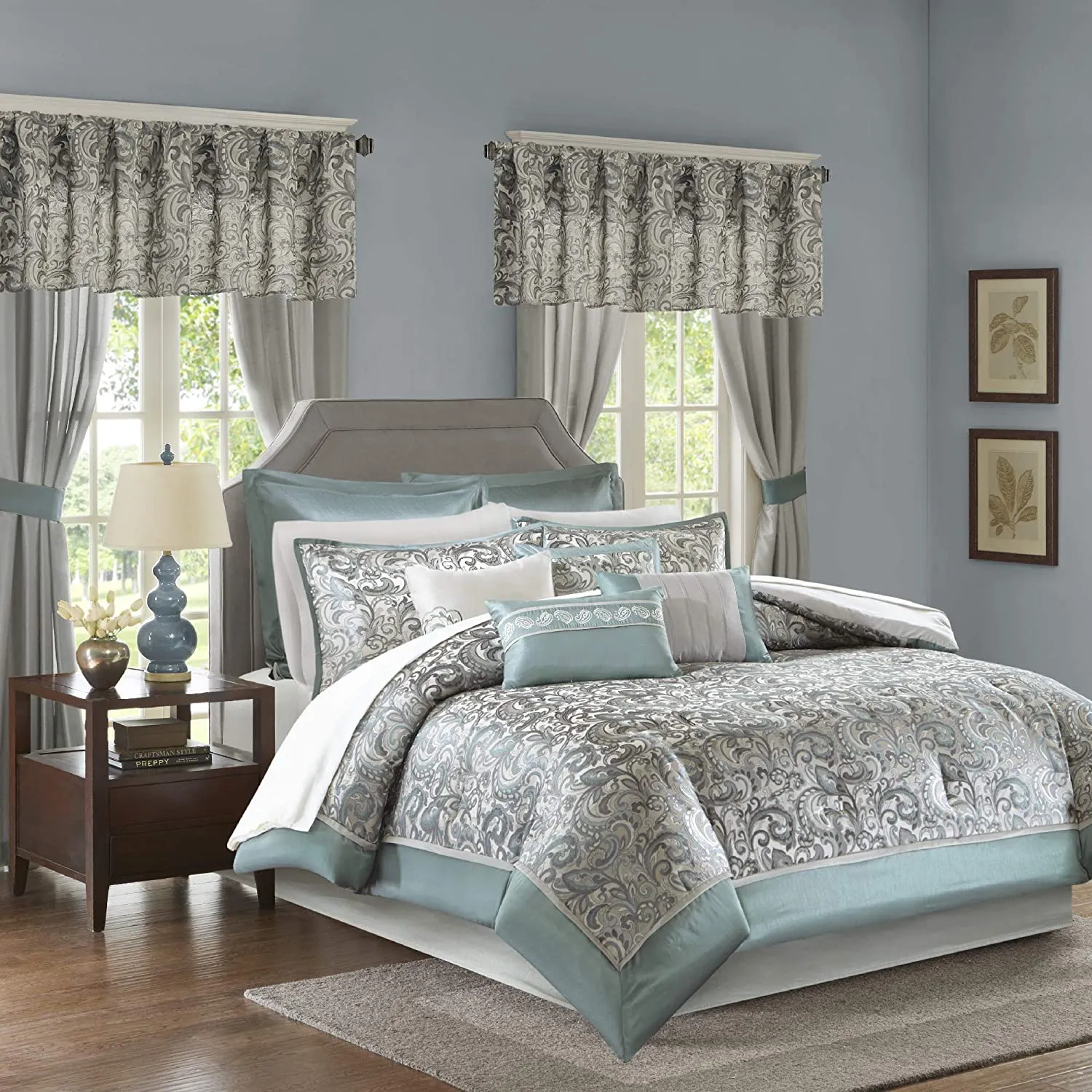 Master Bedroom 24 Piece Room in a Bag Faux Silk Comforter Jacquard Paisley Design Matching Curtains - Down Alternative Hypoallergenic