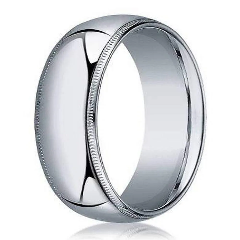 Men's 8mm Domed Milgrain Polished Finish Comfort Fit 14k White Gold Wedding Band