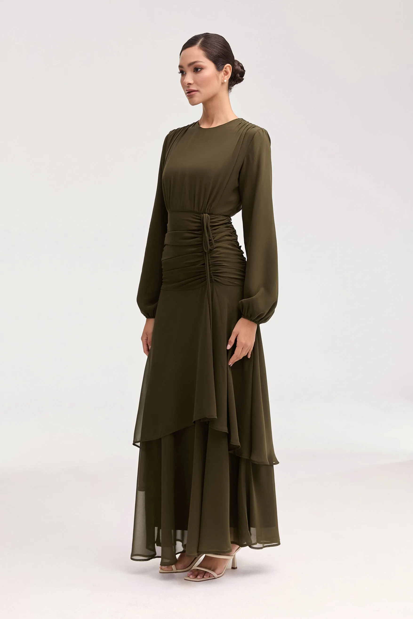 Narjis Side Rouched Maxi Dress - Olive