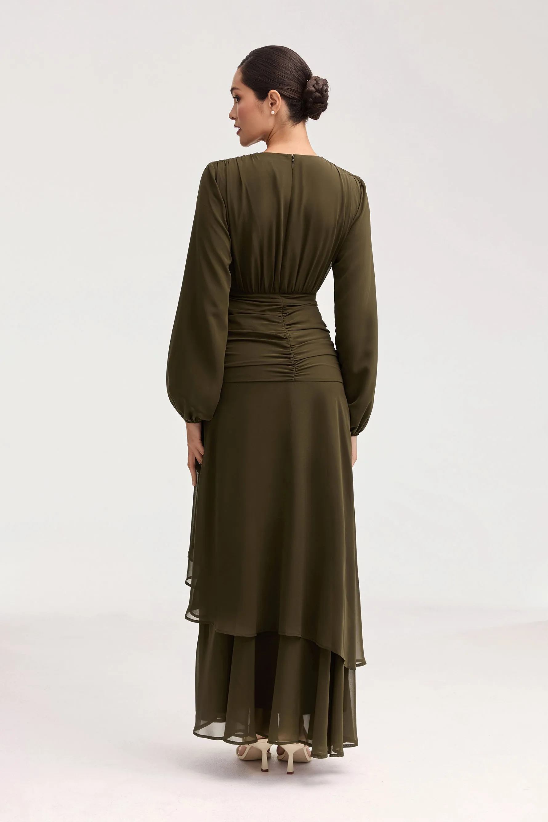 Narjis Side Rouched Maxi Dress - Olive