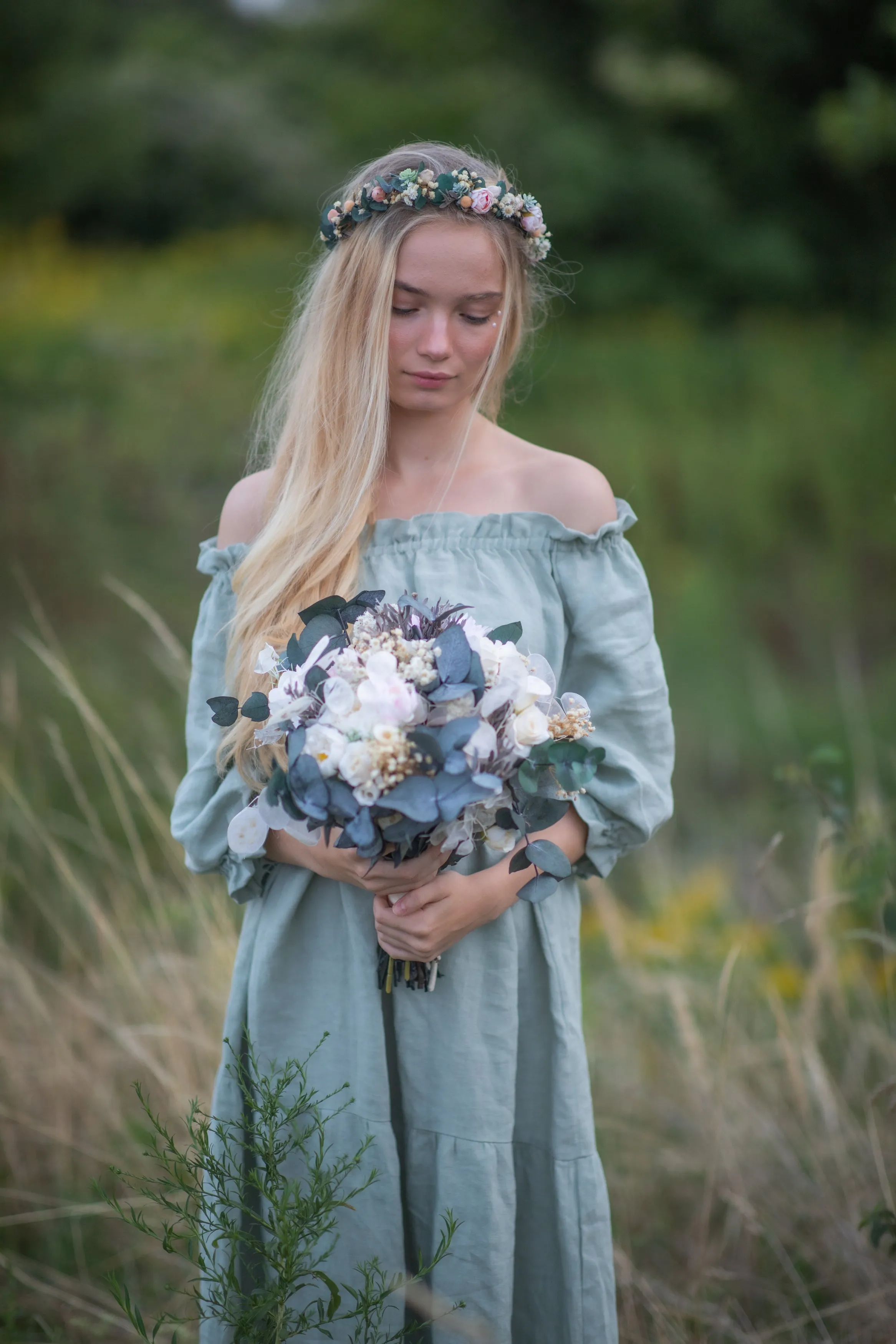 Natural eucalyptus half wreath with peonies Bridal accessories Magaela Wedding accessories Pastel wedding crown Romantic half wreath Custom