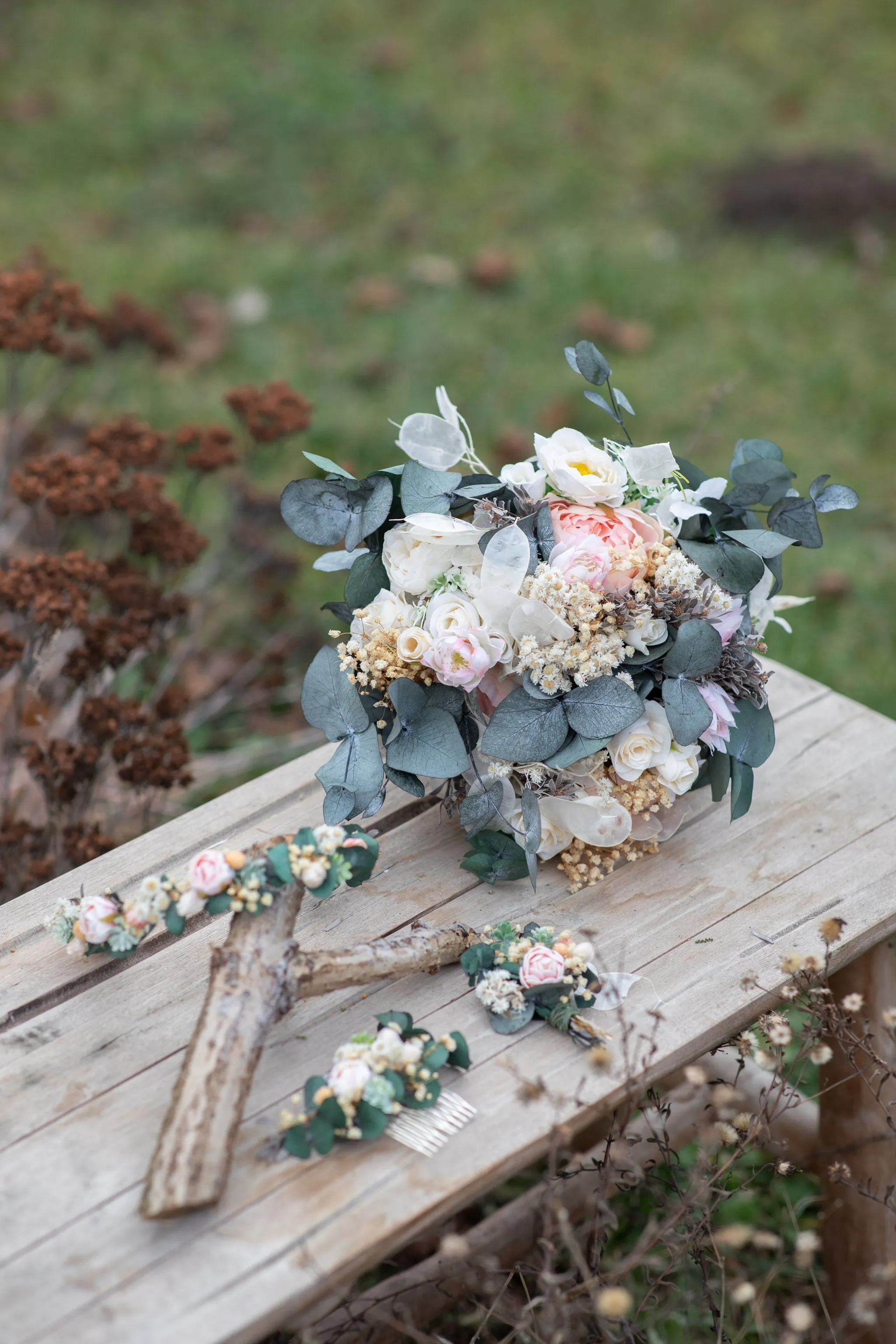 Natural eucalyptus half wreath with peonies Bridal accessories Magaela Wedding accessories Pastel wedding crown Romantic half wreath Custom