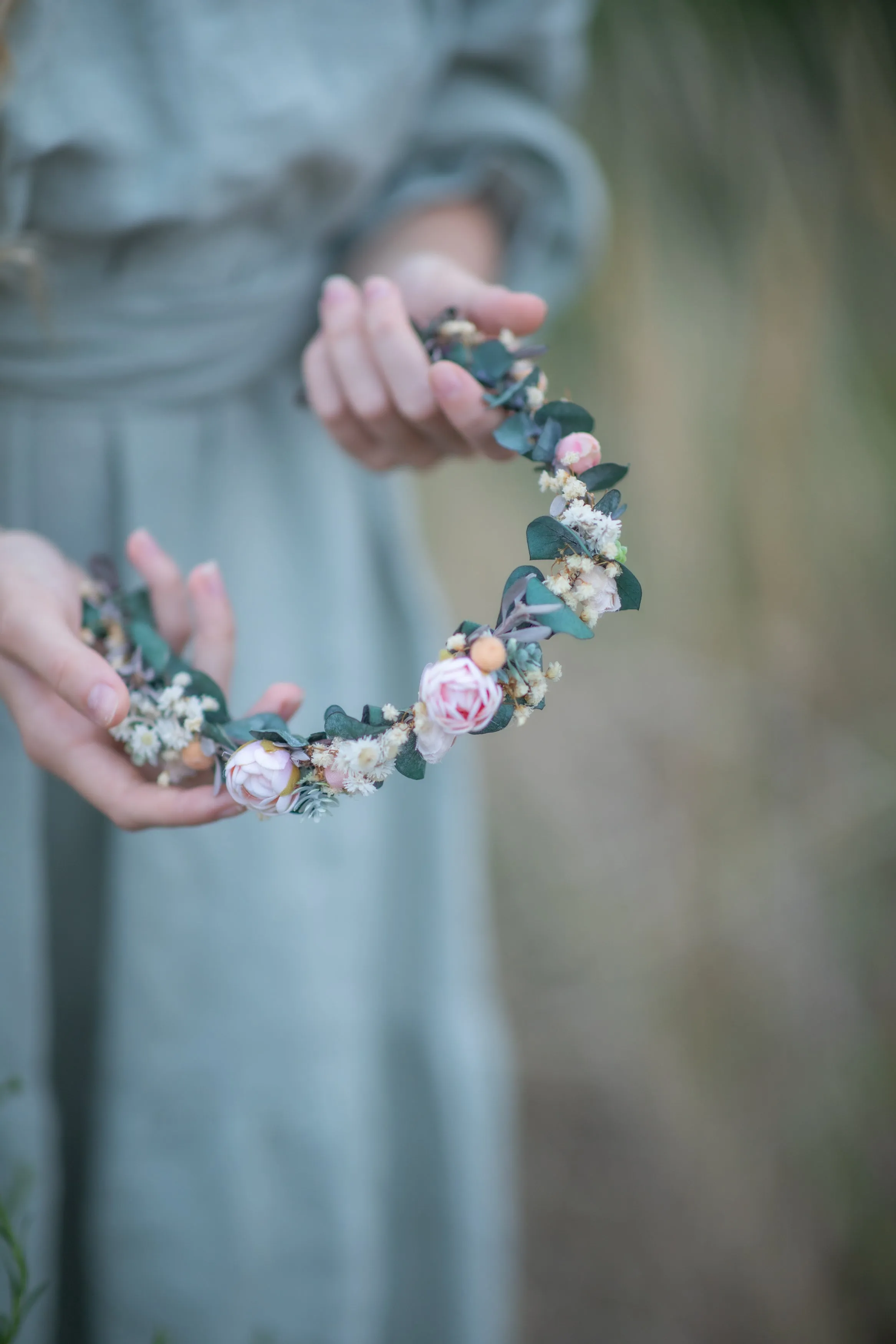 Natural eucalyptus half wreath with peonies Bridal accessories Magaela Wedding accessories Pastel wedding crown Romantic half wreath Custom