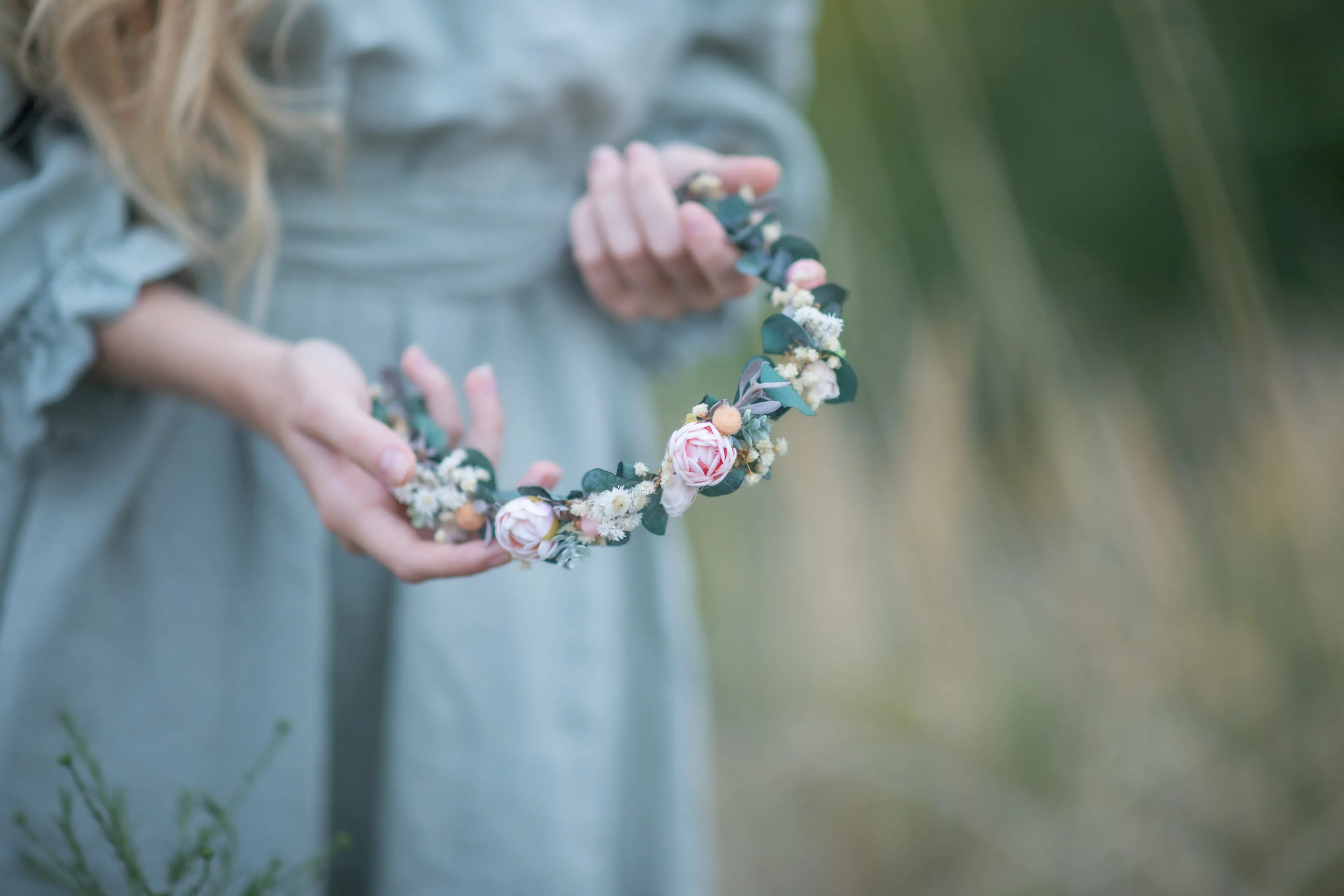 Natural eucalyptus half wreath with peonies Bridal accessories Magaela Wedding accessories Pastel wedding crown Romantic half wreath Custom