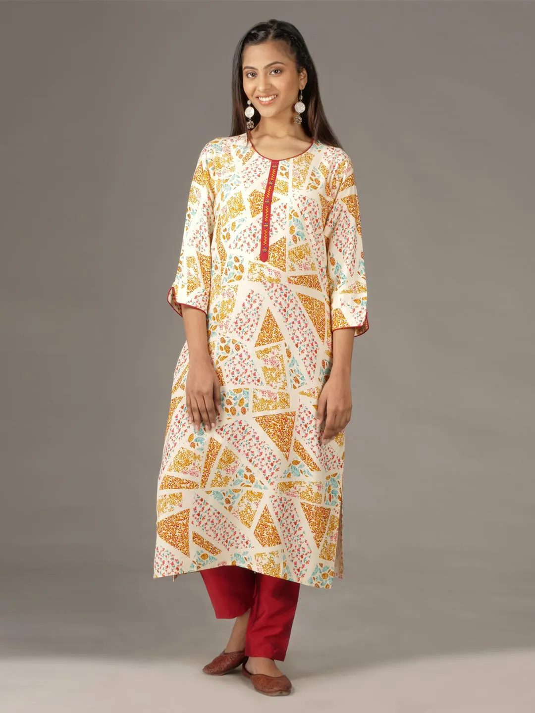 Off-White & Mustard Ferns & Petals Kurta