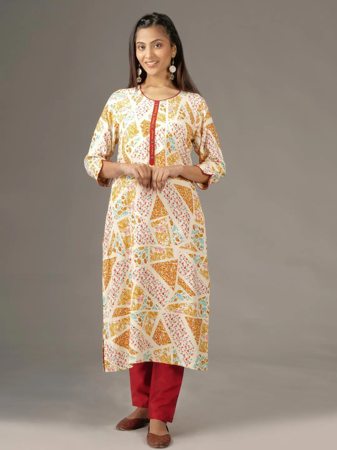 Off-White & Mustard Ferns & Petals Kurta