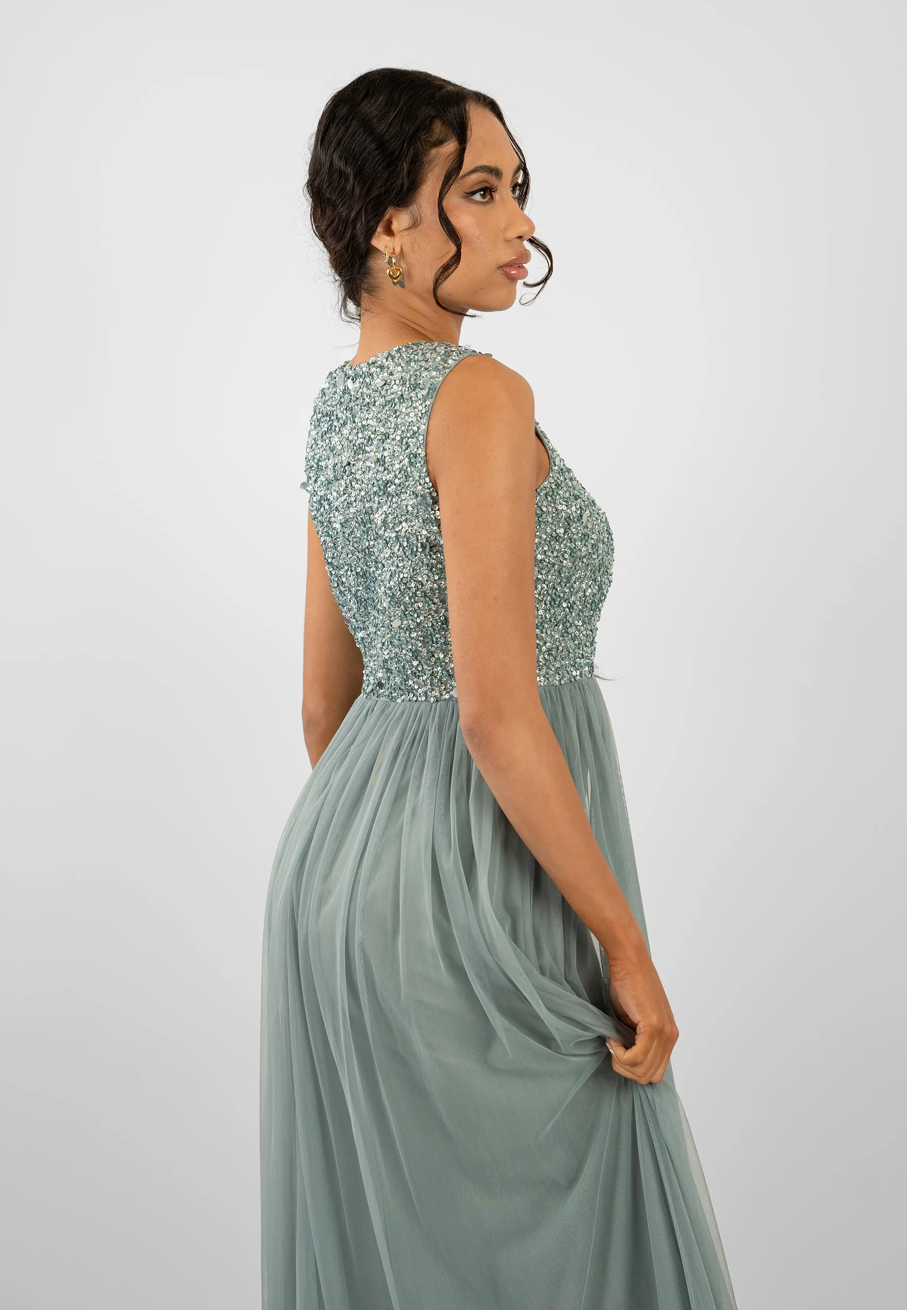 Picasso Teal Embellished Bridesmaid Maxi Dress