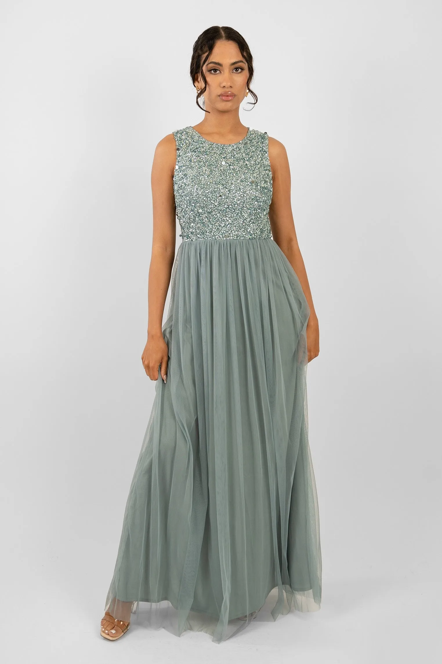 Picasso Teal Embellished Bridesmaid Maxi Dress