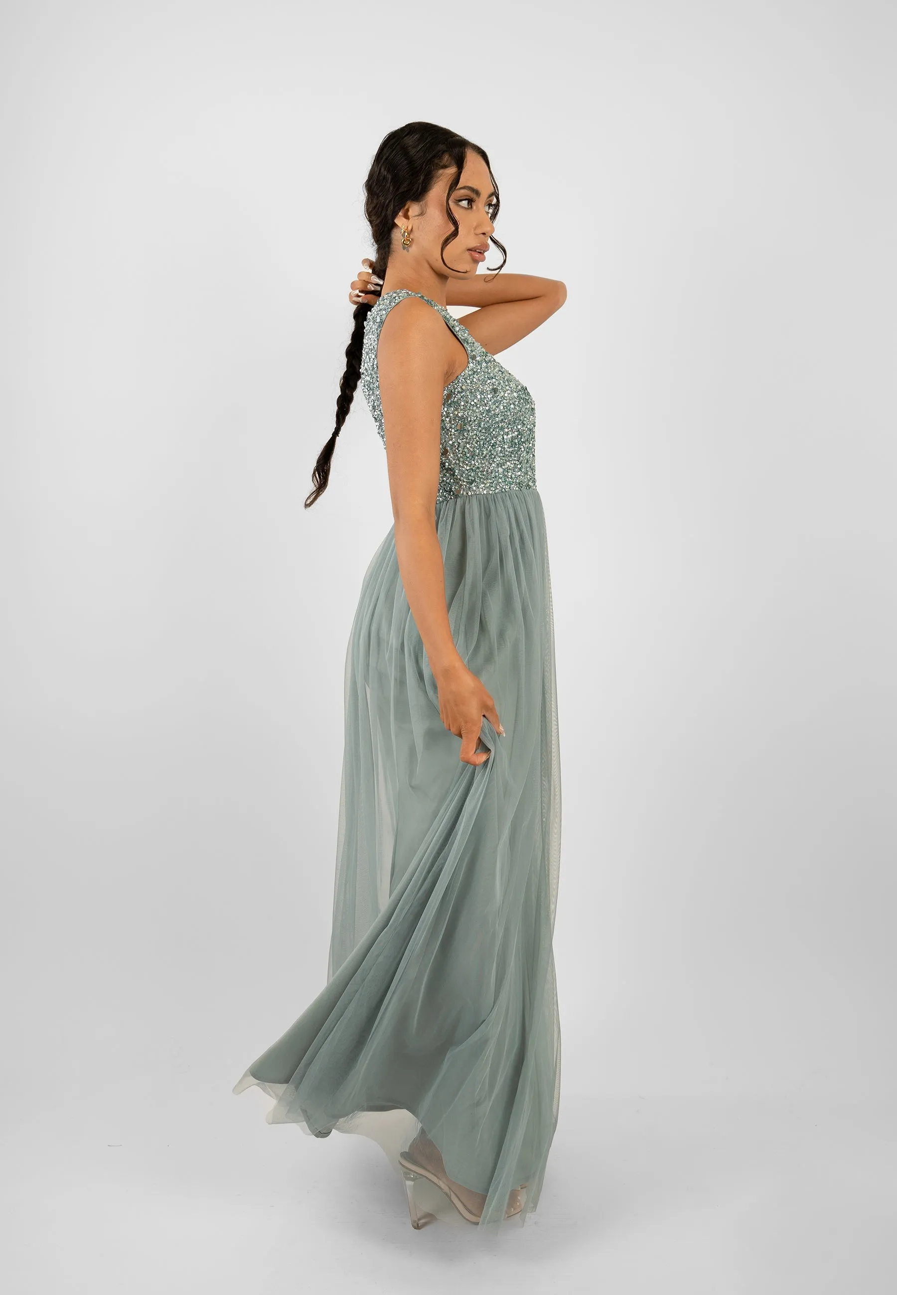 Picasso Teal Embellished Bridesmaid Maxi Dress