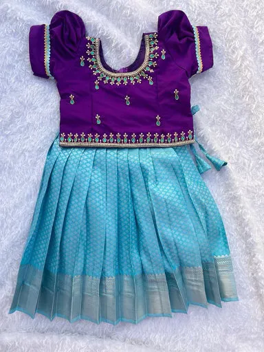 PRE ORDER : Stunning Teal Skirt with Purple Top with Intricate Aari Work