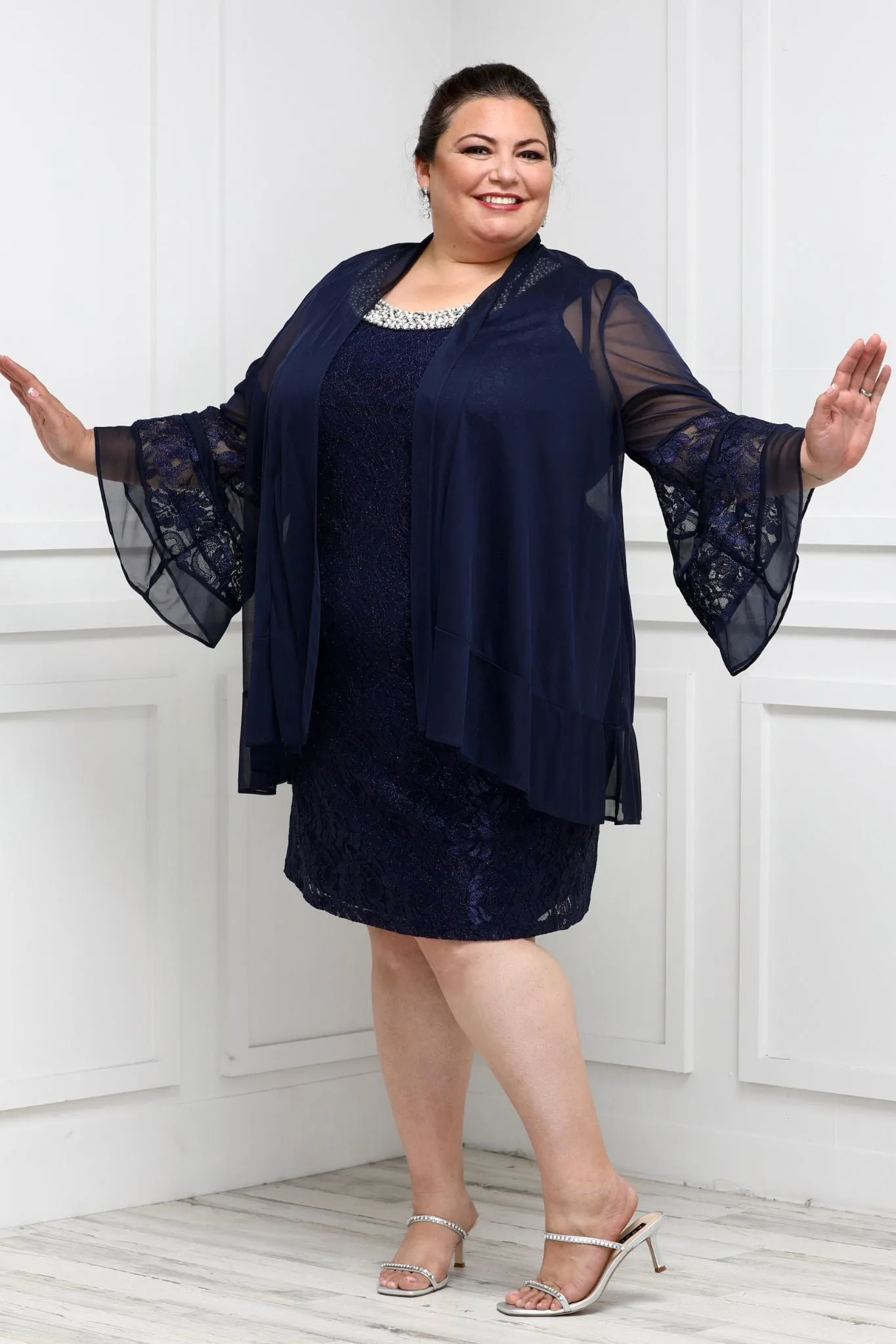 R&M Richards Women's Plus Size 2 Piece Bell Sleeve Chiffon Jacket Dress - Mother of The Bride Dress