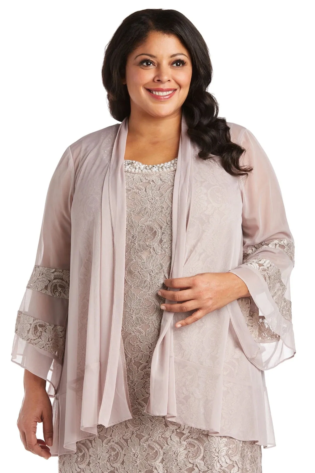 R&M Richards Women's Plus Size 2 Piece Bell Sleeve Chiffon Jacket Dress - Mother of The Bride Dress