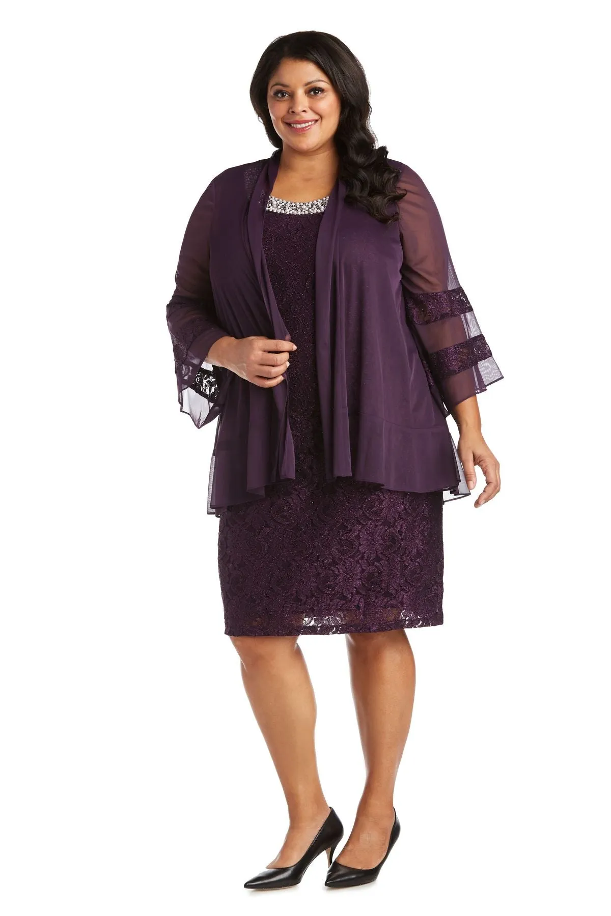 R&M Richards Women's Plus Size 2 Piece Bell Sleeve Chiffon Jacket Dress - Mother of The Bride Dress