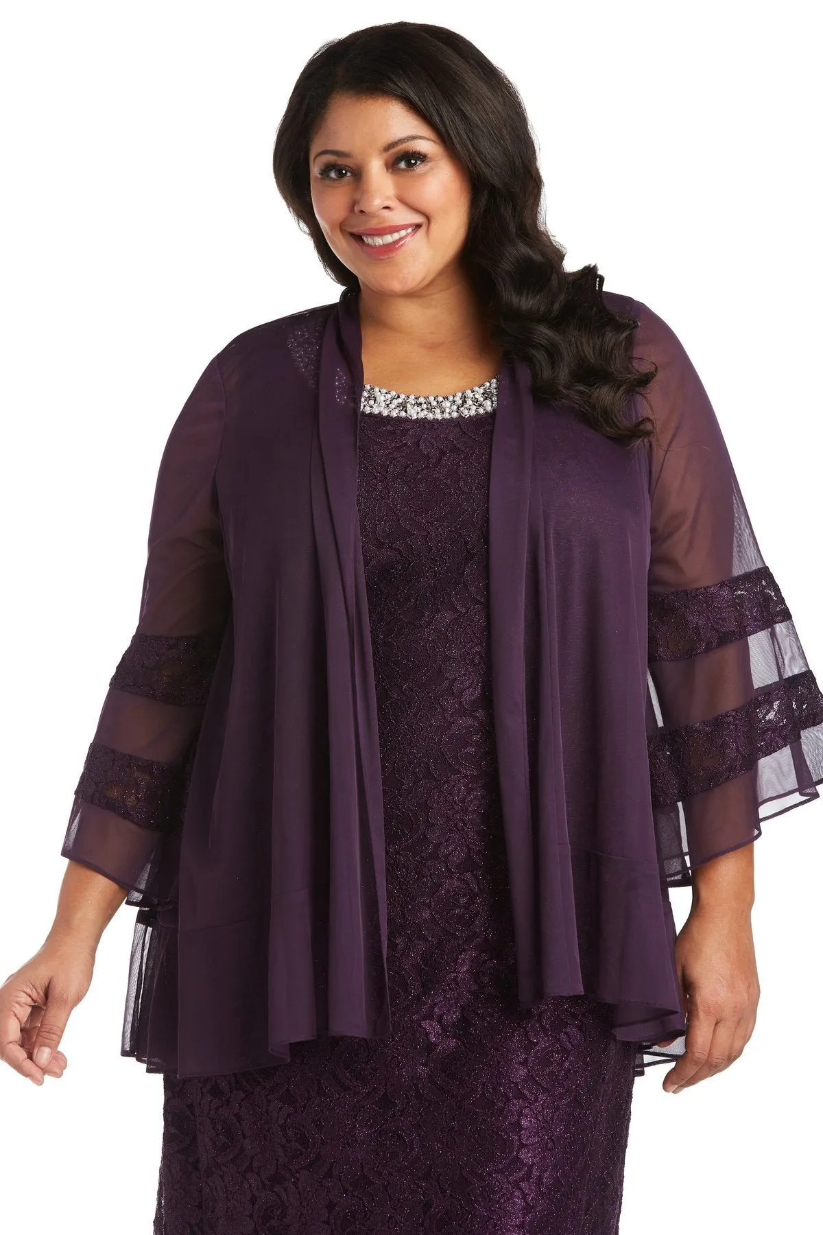 R&M Richards Women's Plus Size 2 Piece Bell Sleeve Chiffon Jacket Dress - Mother of The Bride Dress