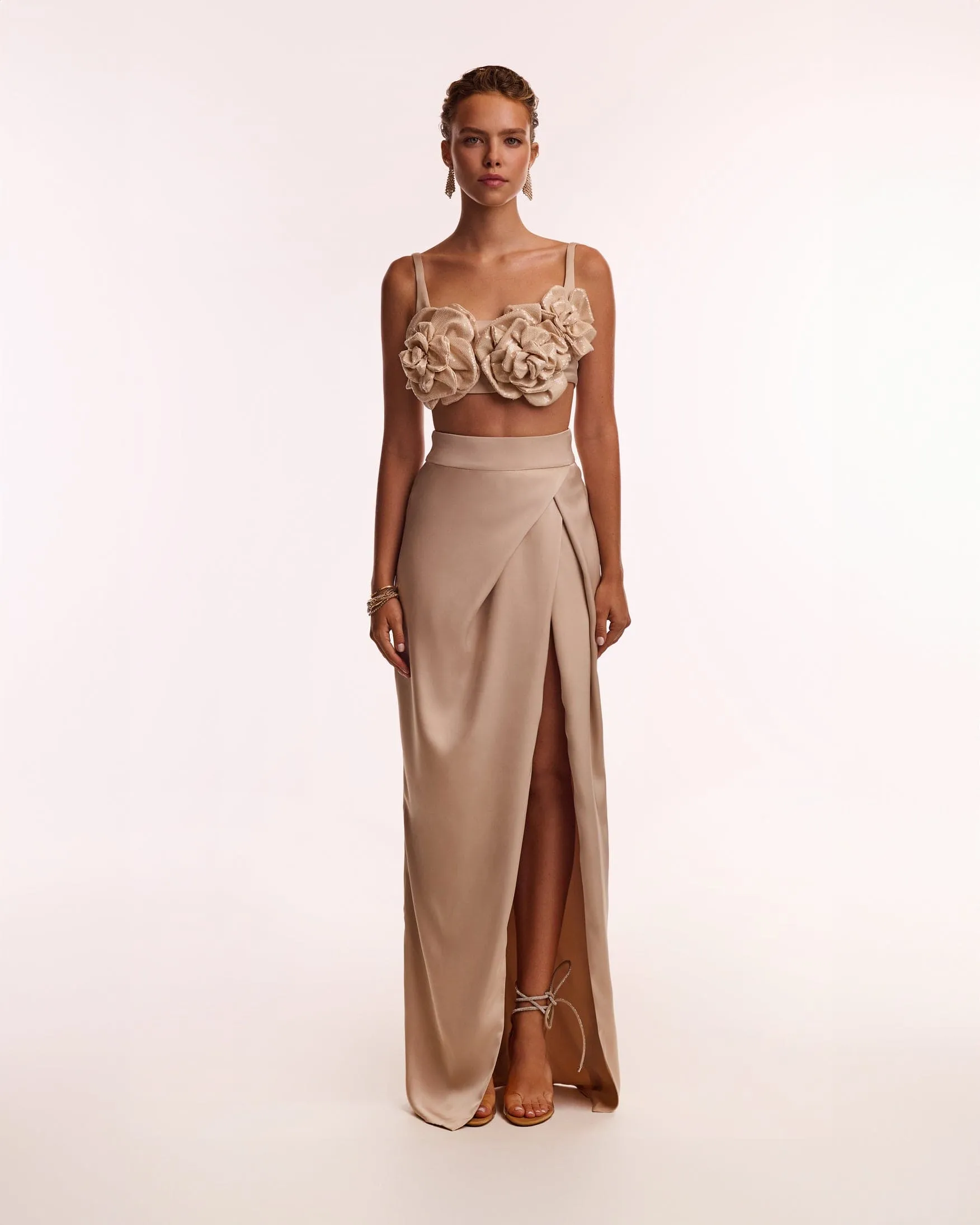 Refined high-waisted maxi satin skirt with a slit