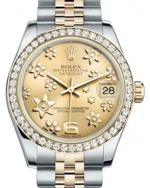 Rolex Datejust 31 Lady Midsize Yellow Gold/Steel Champagne Floral Motif Arabic Dial & Diamond Bezel Jubilee Bracelet 178383