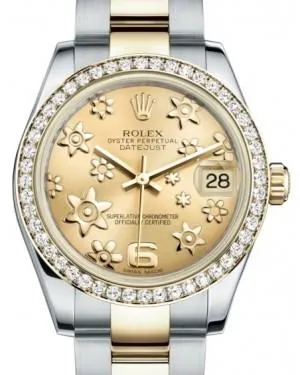 Rolex Datejust 31 Lady Midsize Yellow Gold/Steel Champagne Floral Motif Arabic Dial & Diamond Bezel Oyster Bracelet 17838